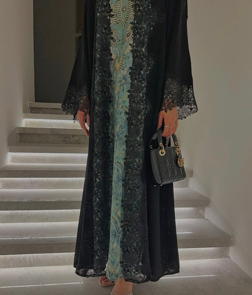 Elegant Lace Abaya with Hand-Embellished Stones